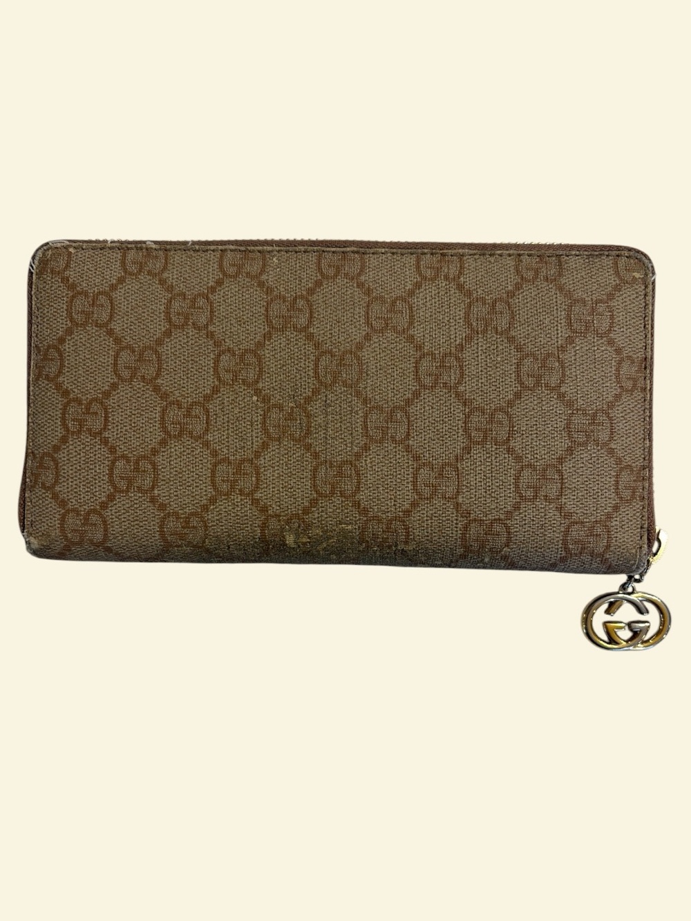 Gucci Brown GG Monogram Zip Wallet with Gold Charm Authenticated
